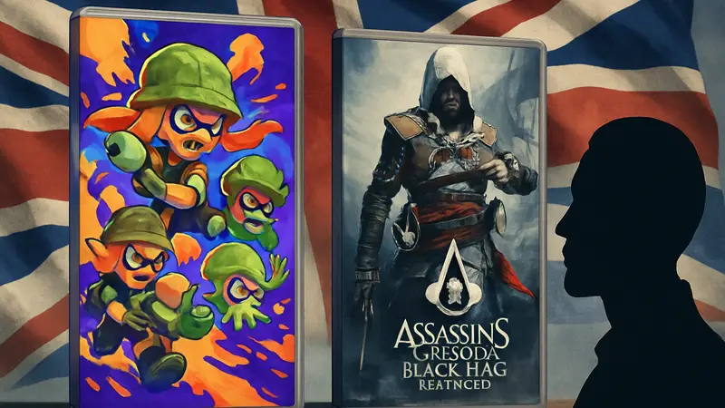 Обложки игр Splatoon Raiders и Assassin's Creed: Black Flag Resynced на фоне британского флага