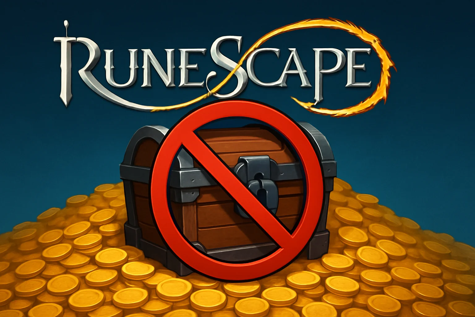 Логотип RuneScape на фоне золотых монет и сундука Treasure Hunter, перечеркнутого знаком "стоп".