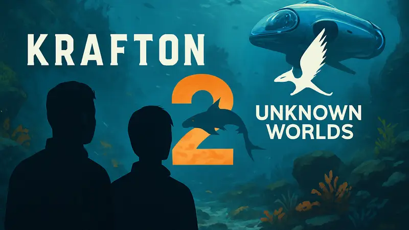 Логотипы Krafton и Unknown Worlds на фоне символики Subnautica 2