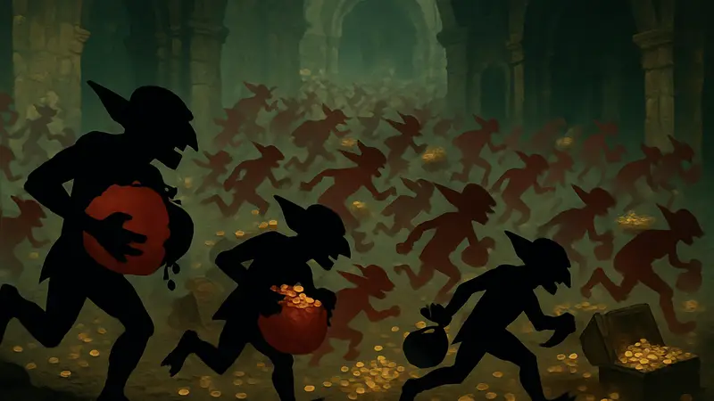 Множество гоблинов с сокровищами из Diablo 4, бегущих по экрану.