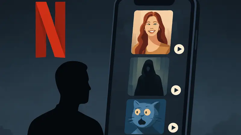 Интерфейс Netflix с вертикальной видеолентой «Клипы», логотип Netflix.