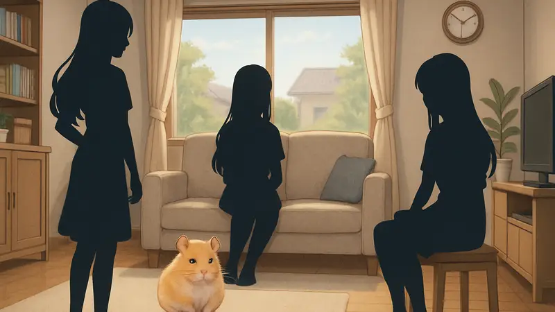 Скриншот из визуальной новеллы Sweet Hamster Days с хомяком и тремя сестрами