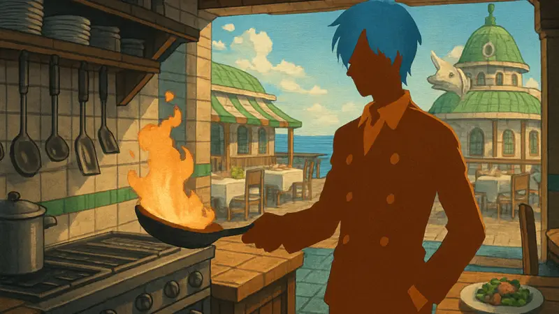 Пиксельный арт персонажей из One Piece: Grand Gourmet, Санджи за плитой в ресторане Baratie.