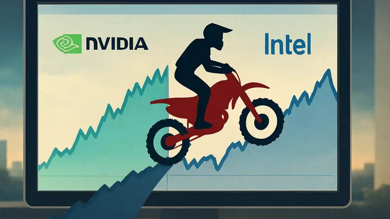 Игрок на мотоцикле едет по графику акций Nvidia и Intel в браузерной игре.