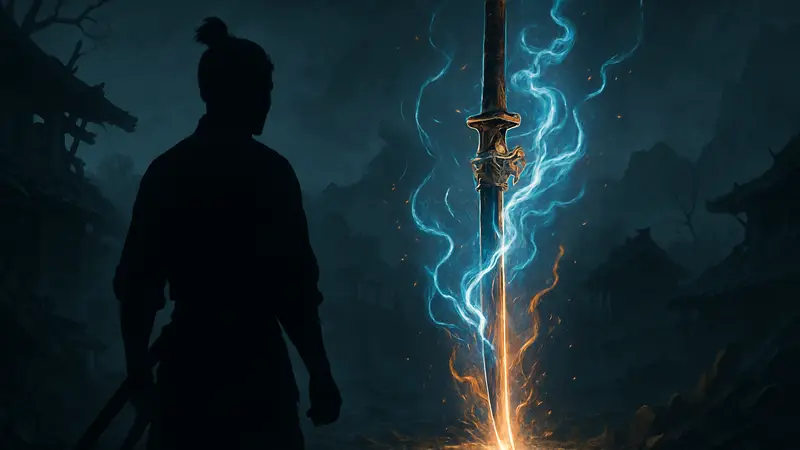 Изображение оружия из игры Nioh 3 с эффектами свечения, демонстрирующее его силу и скейлинг характеристик