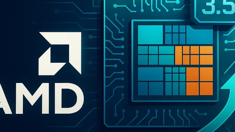 Изображение логотипа AMD и схематическое представление архитектуры RDNA 3.5, символизирующее долгосрочные планы компании.