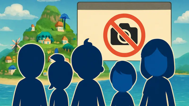 Игровые персонажи из Tomodachi Life: Living the Dream на фоне уведомления об ограничениях.