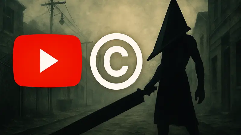 Изображение логотипа YouTube с символом авторского права и персонажем из Silent Hill 2.