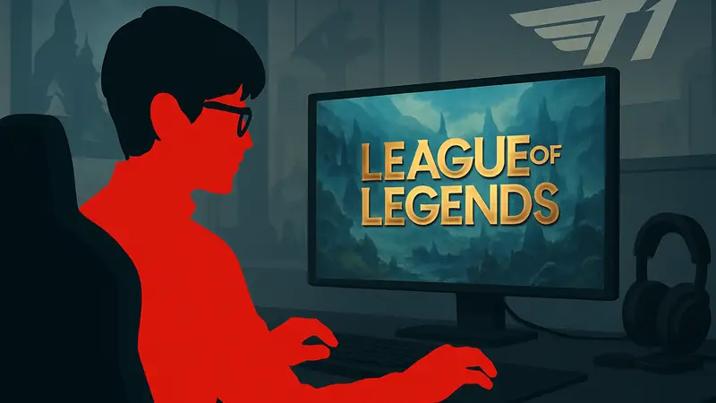 Игрок T1 Academy MIDIR, похожий на Faker из League of Legends, за игровым компьютером.