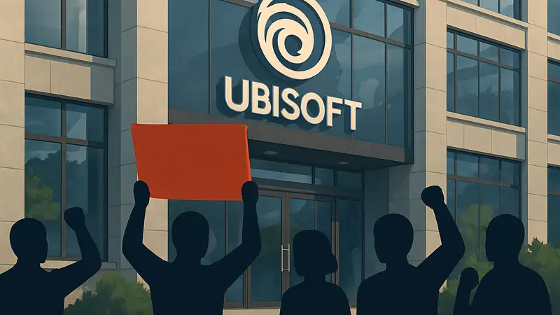 Символичное изображение забастовки сотрудников Ubisoft, знак протеста на фоне офиса.
