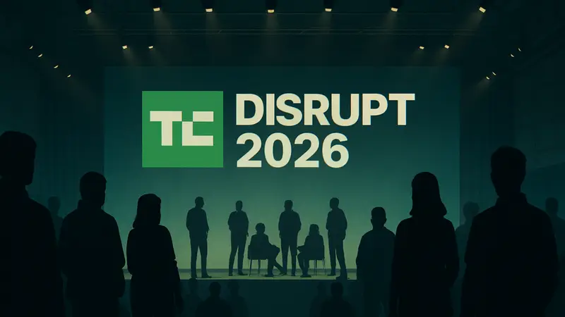 Логотип конференции TechCrunch Disrupt 2026 на фоне сцены с людьми