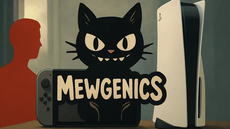 Логотип игры Mewgenics на фоне консолей Nintendo Switch 2 и PlayStation 5