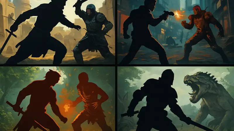 Коллаж из скриншотов различных игр с динамичными боевыми сценами, демонстрирующими лучшие боевые системы.