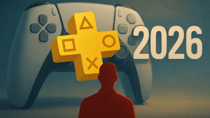 Логотип PlayStation Plus на фоне контроллера и даты апрель 2026.