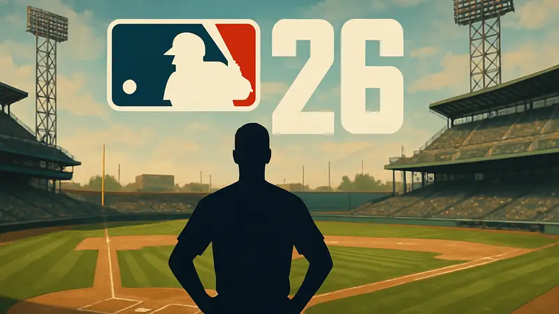 Логотип MLB The Show 26 на фоне бейсбольного поля, символизирующий разработку спортивной игры