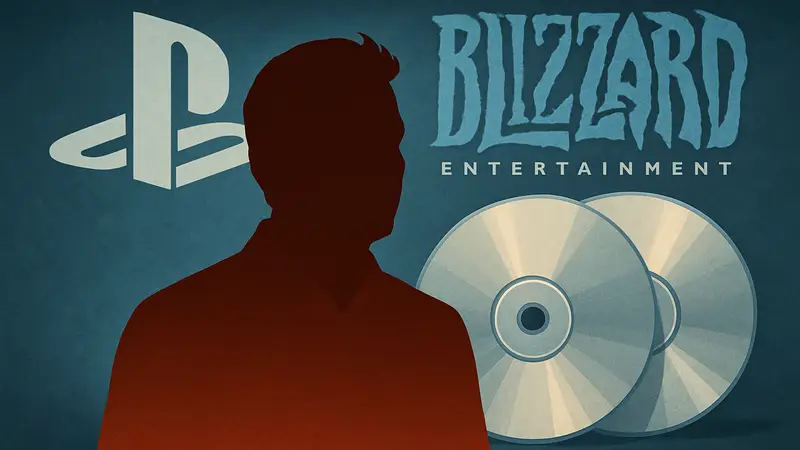 Майк Ибарра, бывший президент Blizzard, на фоне логотипов PlayStation и дисков
