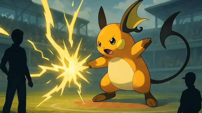 Mega Raichu X использует электрическую атаку в сражении Pokemon Champions.