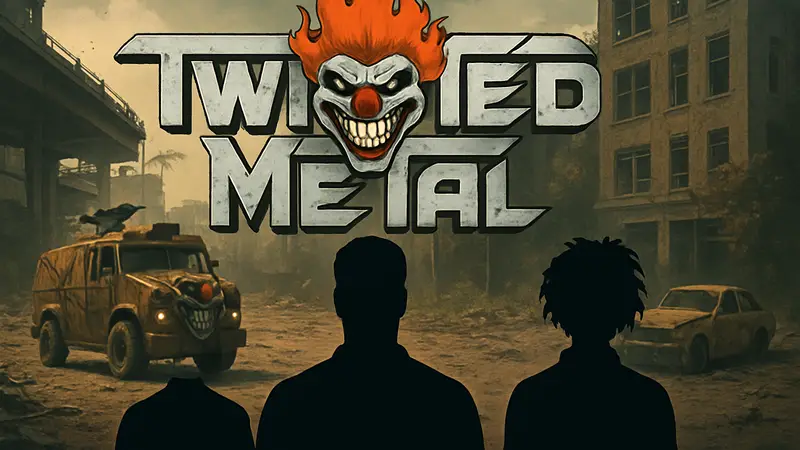 Логотип сериала Twisted Metal или изображение персонажей, на фоне которых происходит кадровое изменение.
