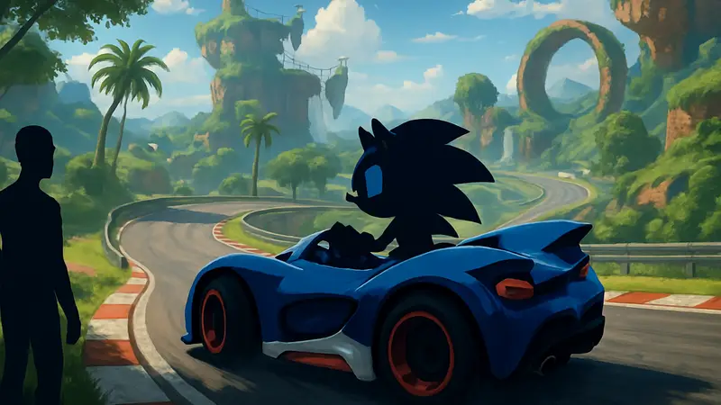 Синий еж Соник в гоночной машине на трассе из Sonic Racing: CrossWorlds, скриншот игры
