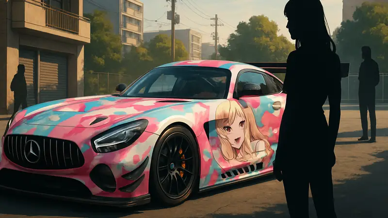 Гоночный автомобиль Mercedes, оформленный в стиле Марин Китагавы из My Dress-Up Darling.