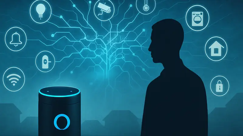 Amazon Alexa Plus: иллюстрация голосового ассистента с иконками умного дома и нейронными связями ИИ