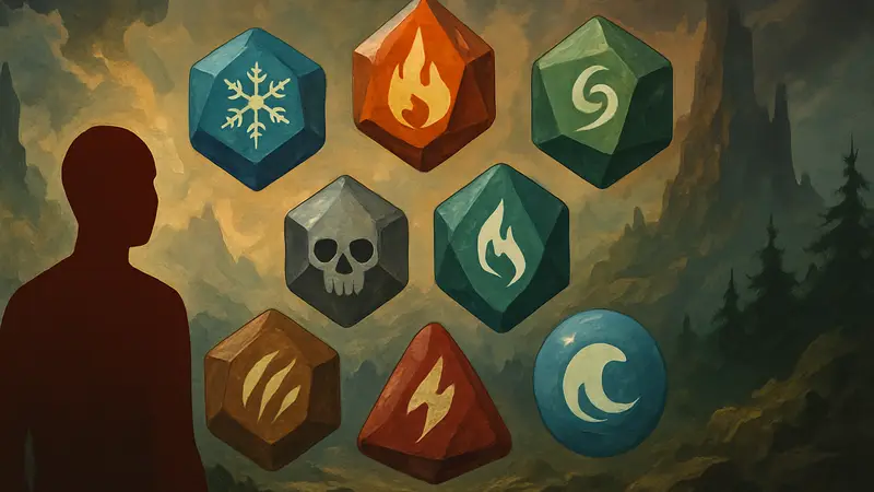 Изображение кубиков Dungeons & Dragons с различными типами урона на фоне