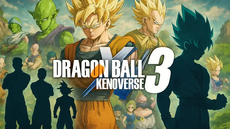 Логотип Dragon Ball Xenoverse 3 на фоне персонажей аниме Dragon Ball