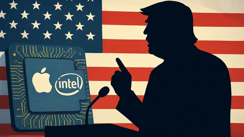 Дональд Трамп говорит о производстве чипов Apple и Intel в США, на фоне американского флага.