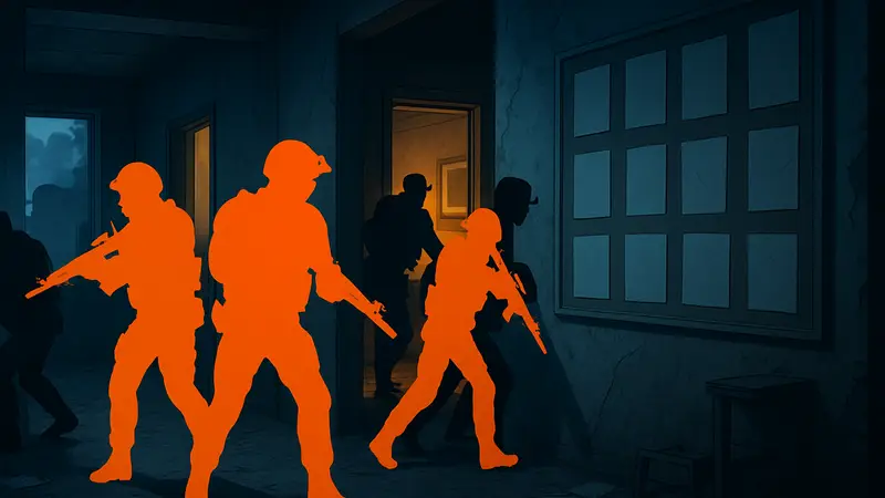 Скриншот из игры Ready or Not с бойцами спецназа, выполняющими миссию. Список миссий.