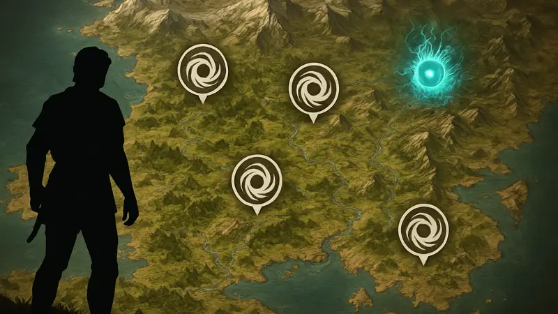 Карта Crimson Desert с отмеченными точками телепортации Abyss Nexus и Mysterious Energy