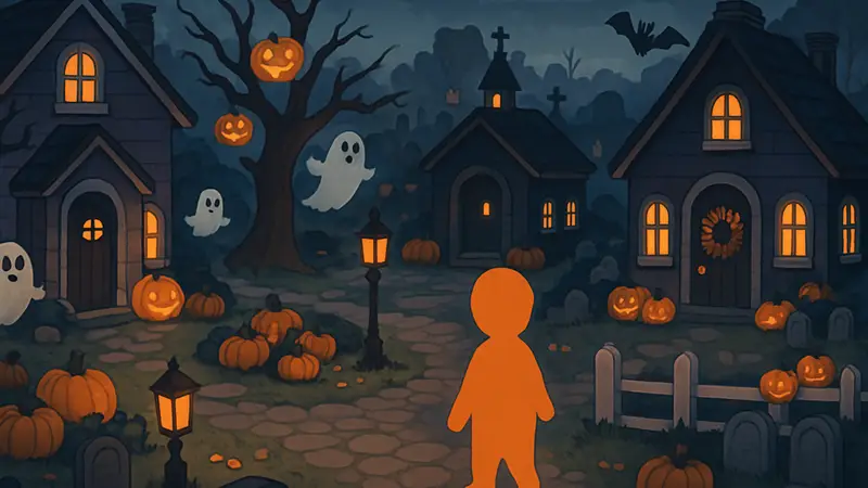 Игровой процесс My Lil Afterlife, показывающий хэллоуинскую деревню в стиле Animal Crossing
