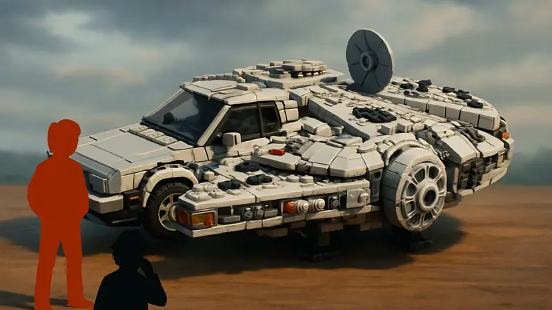 LEGO модель Millennium Falcon, созданная из деталей DeLorean с фигурками Марти и Дока