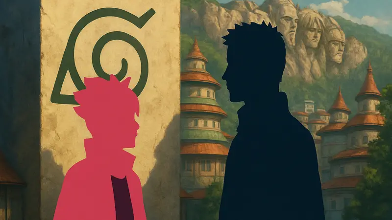 Персонажи аниме Boruto и Naruto на фоне символики Конохи, отражающие преемственность поколений.