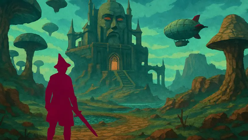 Скриншот Dread Delusion с персонажем в ретро-футуристическом мире с полигональной графикой