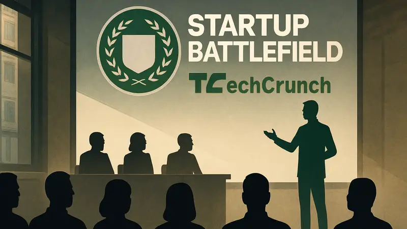 Логотип Startup Battlefield TechCrunch на фоне презентации стартапа перед жюри