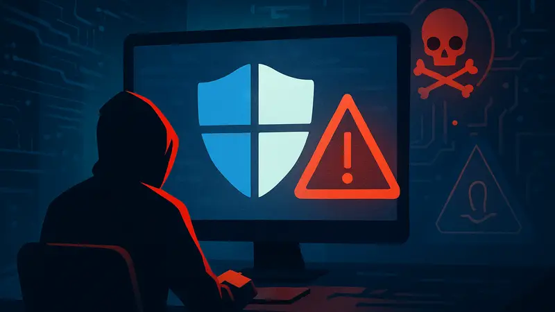 Изображение демонстрирует иконку Windows Defender и символы кибербезопасности, указывающие на угрозу.
