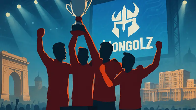 Команда The MongolZ празднует победу на киберспортивном турнире в Бухаресте, демонстрируя командный дух.
