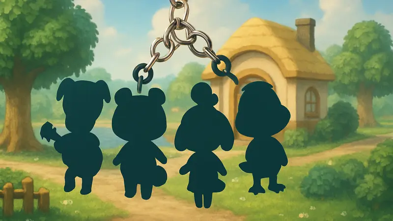 Набор брелков Animal Crossing с разными персонажами, соединёнными вместе в виде цепочки.