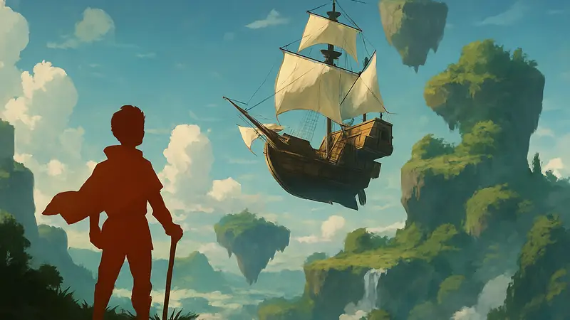 Летающий корабль в игре Everwind парит над небесными островами, открывая путь к новым приключениям.