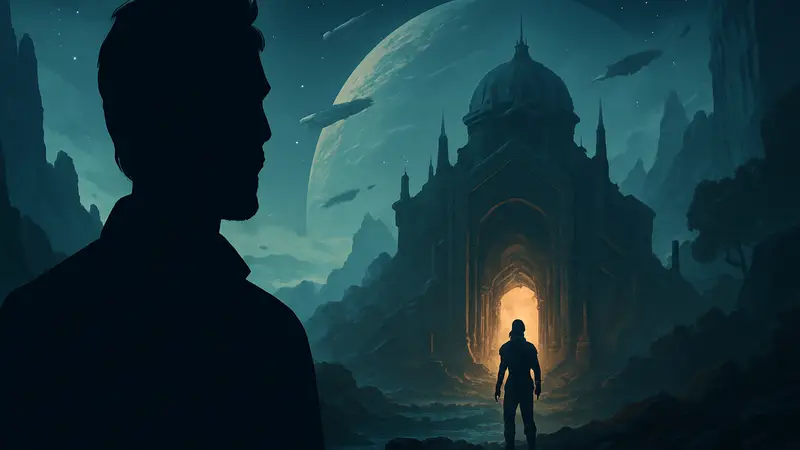 Трой Бейкер, актёр озвучивания, на фоне логотипа Intergalactic: The Heretic Prophet или концепт-арта игры.