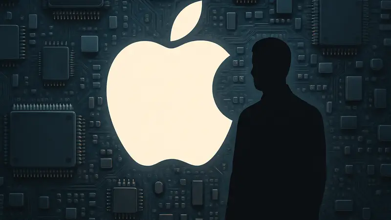 Логотип Apple на фоне аппаратных компонентов, таких как микрочипы и платы.