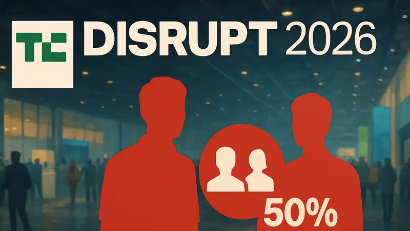 Логотип TechCrunch Disrupt 2026 с иконками двух человек, символизирующими скидку на парный билет.