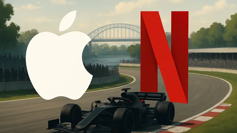 Логотипы Apple и Netflix рядом с болидом Формулы 1 на трассе Гран-при Канады