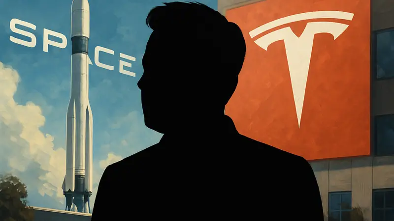 Портрет Илона Маска на фоне логотипов SpaceX и Tesla, символизирующих его успех.