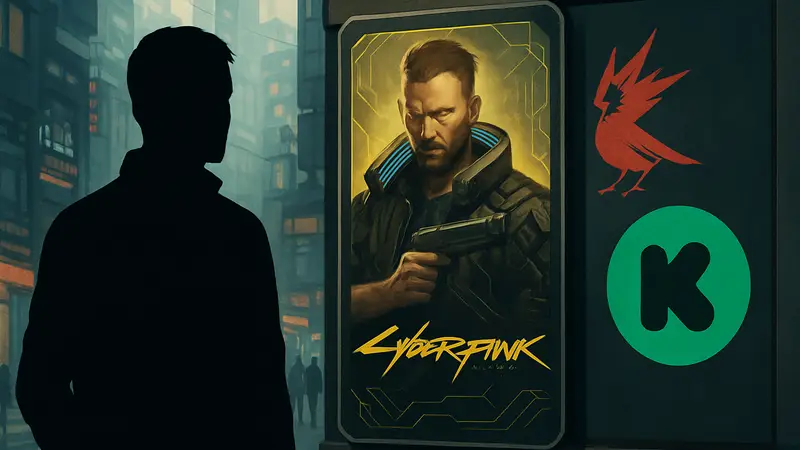 Обложка или иллюстрации из коллекционной карточной игры Cyberpunk 2077 с логотипом CD Projekt Red и символом Kickstarter.