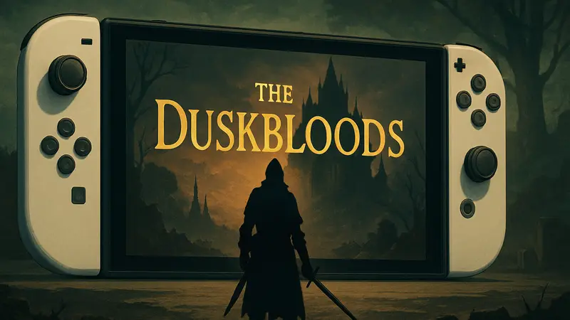 Логотип игры The Duskbloods от FromSoftware на фоне консоли Nintendo Switch 2.