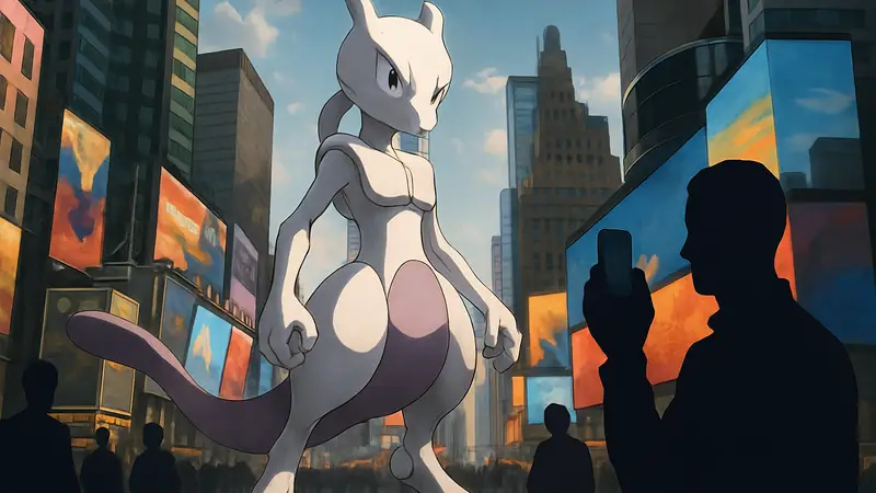 Мьюту из Pokémon Go на фоне Таймс-сквер, продаётся на eBay