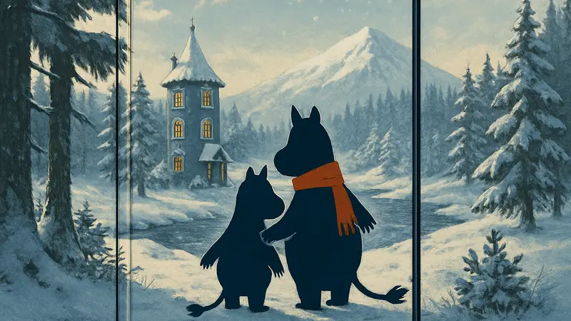 Обложка физического издания игры Moomintroll: Winter's Warmth с Муми-троллями на зимнем фоне.