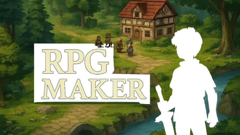 Логотип RPG Maker на фоне скриншота игры, созданной на движке.