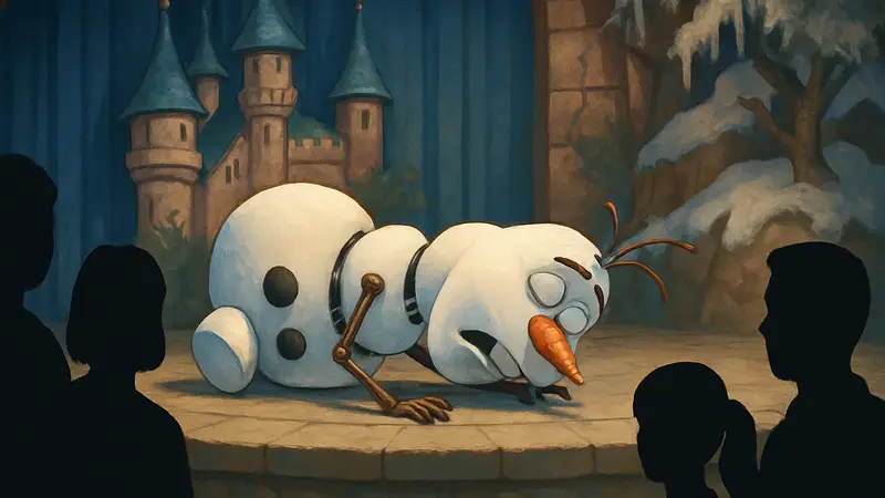 Аниматроник Олаф с искусственным интеллектом, сломанный на сцене в Диснейленда Париж.